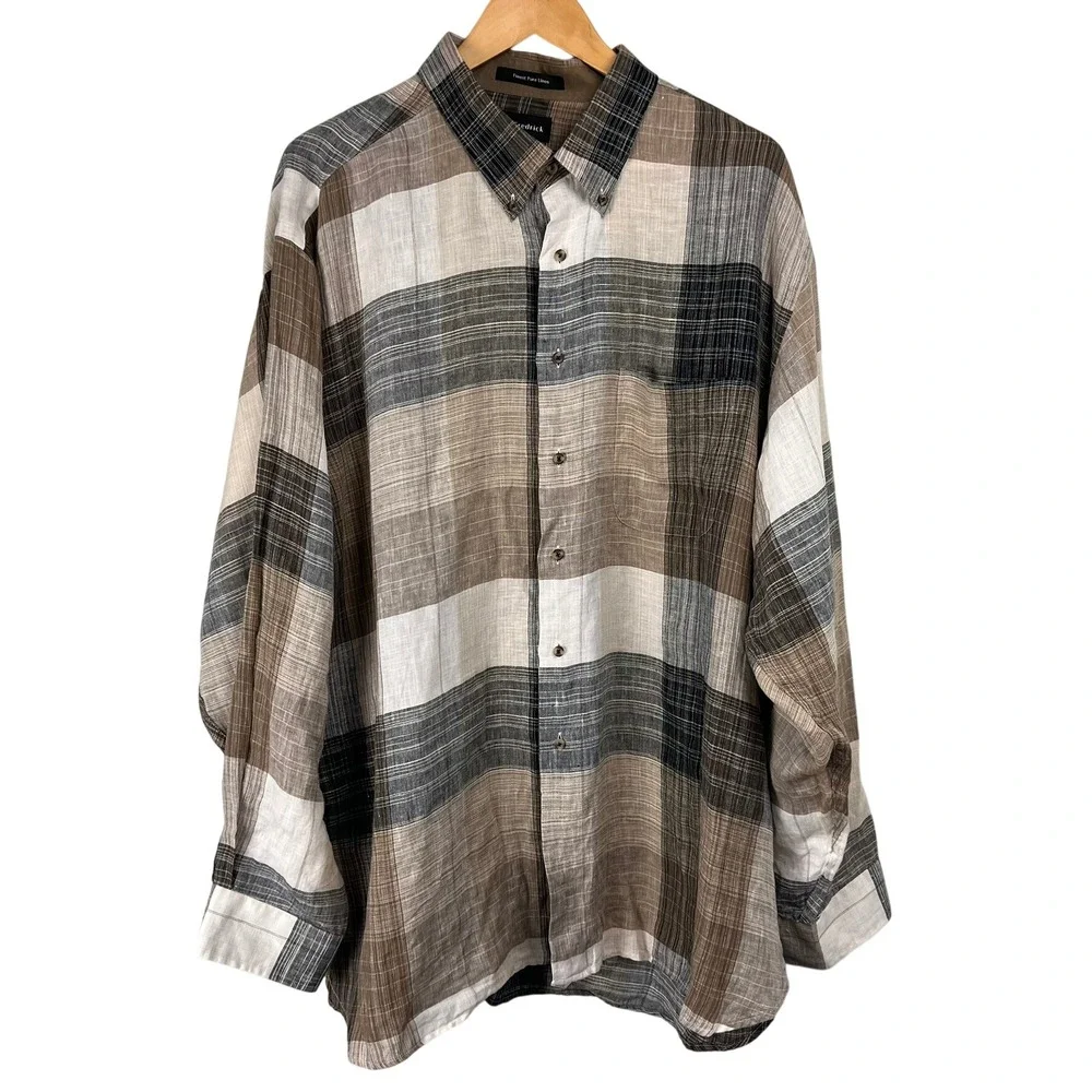 Paul Fredrick XXL Classic Fit Pure‎ Linen Plaid Button Down Shirt Brown Tan Grey